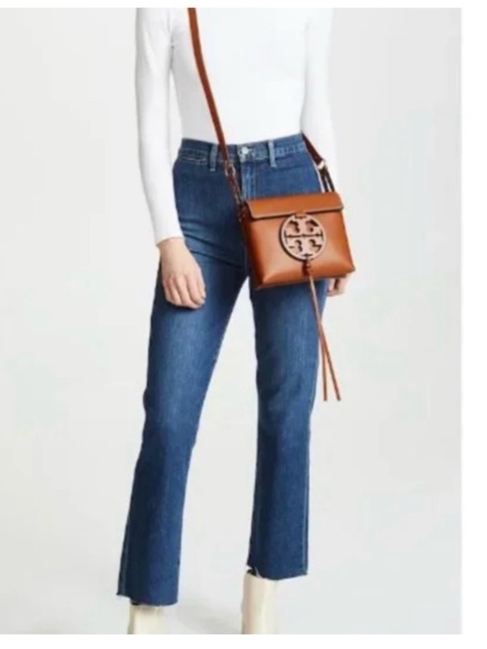 Authentic Tory Burch Miller Crossbody Aged Camello Leather Tassel Flap Bag Purse - Picture 2 of 16